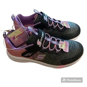 Skechers Sport Sneakers NEW Sz 5 No Tie Purple Gray Glitter Girls Kids